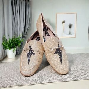 Nine West Wildgirls tailored loafer Gold Glitter Black Studded Bolt Womens 9.5 M